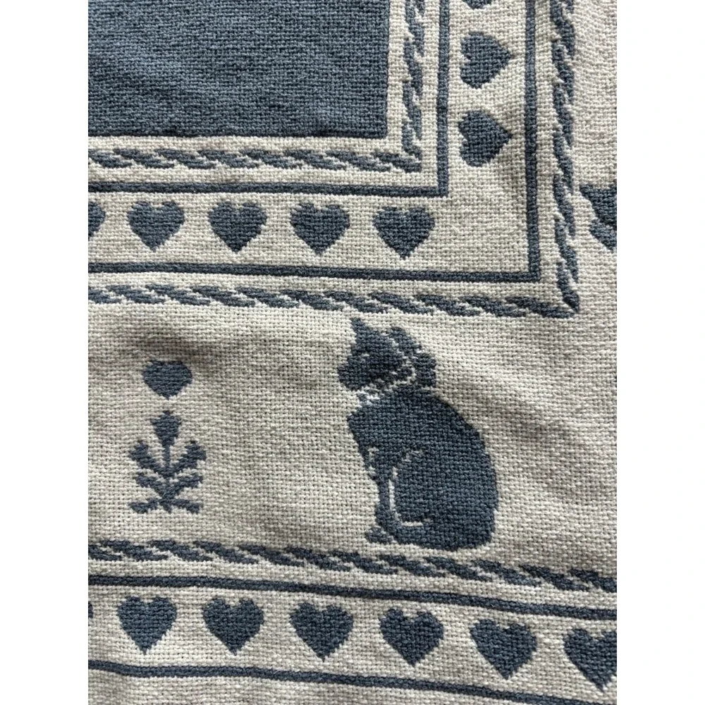 Vintage Woven Decorative Throw Blanket Blue White Cat Heart Motif 90s Grandma